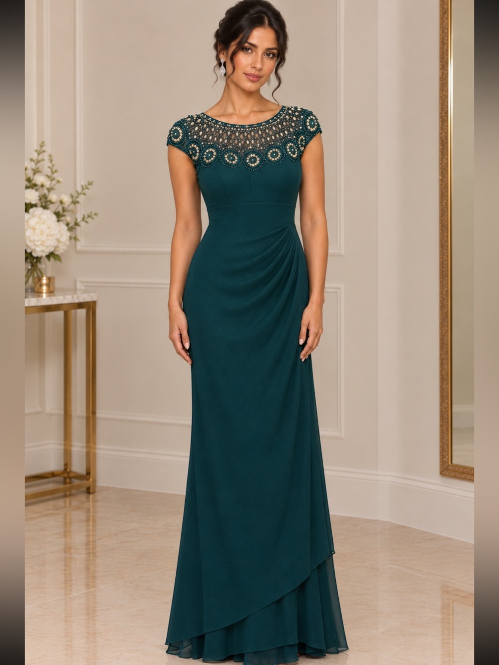 Xscape Teal Beaded Cap-Sleeve Dress